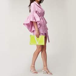 Pre Owned  Valentino Neon Green Leather Vlogo Flat Zip Pouch