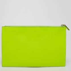 Pre Owned  Valentino Neon Green Leather Vlogo Flat Zip Pouch