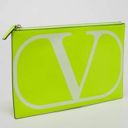 Pre Owned  Valentino Neon Green Leather Vlogo Flat Zip Pouch