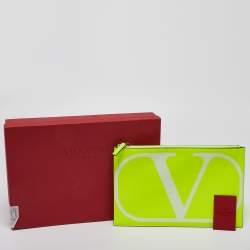 Pre Owned  Valentino Neon Green Leather Vlogo Flat Zip Pouch
