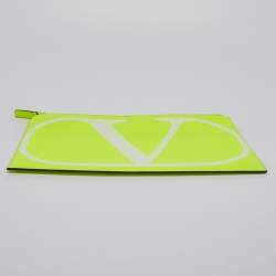 Pre Owned  Valentino Neon Green Leather Vlogo Flat Zip Pouch