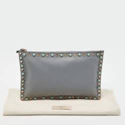 Pre Owned Valentino Grey Leather Rolling Rockstud Zip Pouch