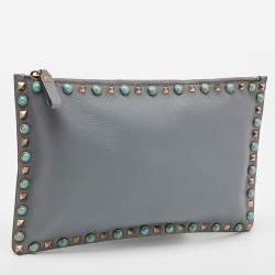 Pre Owned Valentino Grey Leather Rolling Rockstud Zip Pouch