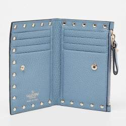 Pre Owned Valentino Blue Leather Rockstud Bifold Card Wallet
