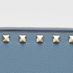 Pre Owned Valentino Blue Leather Rockstud Bifold Card Wallet
