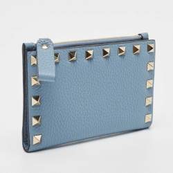 Pre Owned Valentino Blue Leather Rockstud Bifold Card Wallet