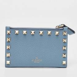Pre Owned Valentino Blue Leather Rockstud Bifold Card Wallet