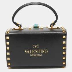 Pre Owned Valentino Black Leather Rockstud Alcove Box Top Handle Bag
