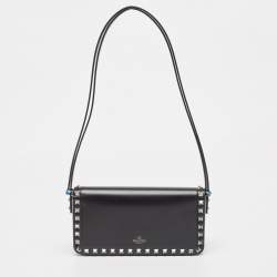 Pre Owned Valentino Black Leather Rockstud Flap Shoulder Bag