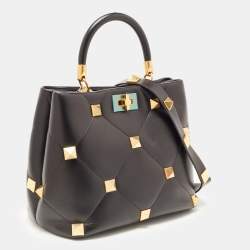 Pre Owned Valentino Black Quilted Leather Roman Stud Top Handle Bag