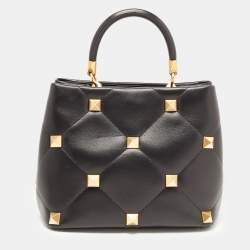 Pre Owned Valentino Black Quilted Leather Roman Stud Top Handle Bag