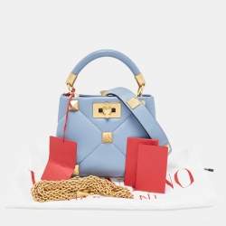 Pre Owned Valentino Blue Quilted Leather Roman Stud Top Handle Bag
