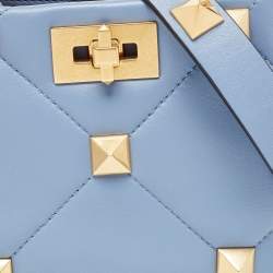 Pre Owned Valentino Blue Quilted Leather Roman Stud Top Handle Bag