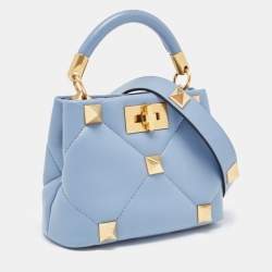 Pre Owned Valentino Blue Quilted Leather Roman Stud Top Handle Bag