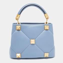Pre Owned Valentino Blue Quilted Leather Roman Stud Top Handle Bag