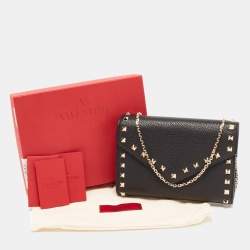 Pre Owned Valentino Black Leather Rockstud Envelope Wallet on Chain