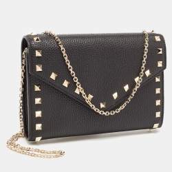 Pre Owned Valentino Black Leather Rockstud Envelope Wallet on Chain