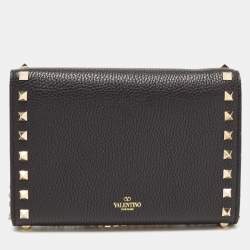 Pre Owned Valentino Black Leather Rockstud Envelope Wallet on Chain