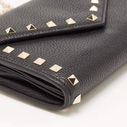 Pre Owned Valentino Black Leather Rockstud Envelope Wallet on Chain