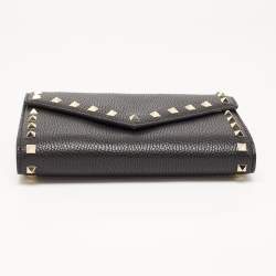 Pre Owned Valentino Black Leather Rockstud Envelope Wallet on Chain