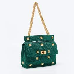 Pre Owned Valentino Green Lurex Frabric Large Roman Stud Shoulder Bag