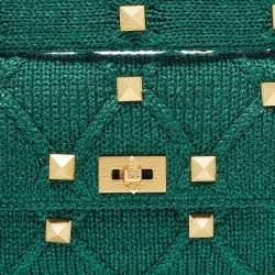 Pre Owned Valentino Green Lurex Frabric Large Roman Stud Shoulder Bag