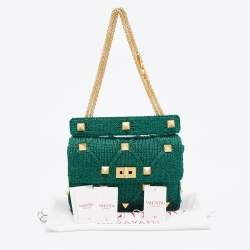 Pre Owned Valentino Green Lurex Frabric Large Roman Stud Shoulder Bag