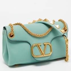Pre Owned Valentino Mint Green Leather Stud Sign Shoulder Bag