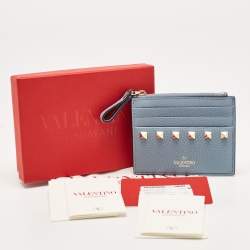Valentino Blue Leather Rockstud Zip Card Holder
