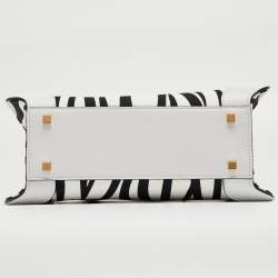 Pre Owned Valentino White/Black Zebra Print Canvas and Leather Small VLogo Tote