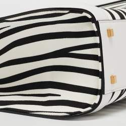 Pre Owned Valentino White/Black Zebra Print Canvas and Leather Small VLogo Tote
