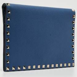 Valentino Blue Grained Leather Rockstud Flap Clutch