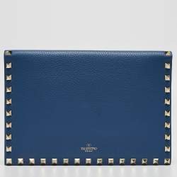 Valentino Blue Grained Leather Rockstud Flap Clutch