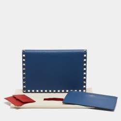 Valentino Blue Grained Leather Rockstud Flap Clutch