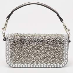 Pre Owned Valentino Silver/Gun Metal Suede Crystals Small VLogo Shoulder Bag