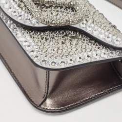 Pre Owned Valentino Silver/Gun Metal Suede Crystals Small VLogo Shoulder Bag