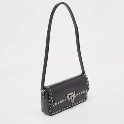 Valentino Black Leather Rockstud Flap Shoulder Bag