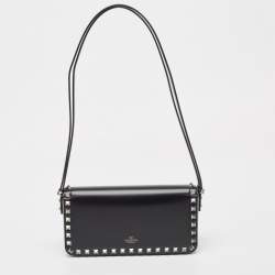 Valentino Black Leather Rockstud Flap Shoulder Bag