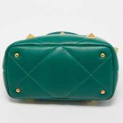 Pre Owned Valentino Green Quilted Leather Small Roman Stud Top Handle Bag