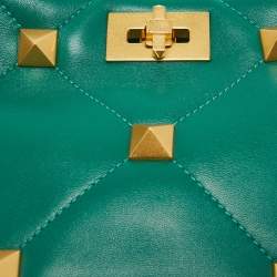 Pre Owned Valentino Green Quilted Leather Small Roman Stud Top Handle Bag