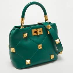 Pre Owned Valentino Green Quilted Leather Small Roman Stud Top Handle Bag