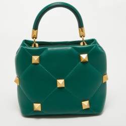 Pre Owned Valentino Green Quilted Leather Small Roman Stud Top Handle Bag