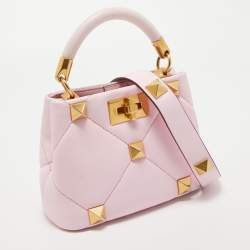 Pre Owned Valentino Pink Quilted Leather Mini Roman Stud Top Handle Bag