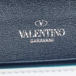 Valentino Blue/White Leather Rockstud Flap Wristlet Continental Wallet