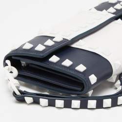 Valentino Blue/White Leather Rockstud Flap Wristlet Continental Wallet