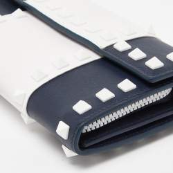 Valentino Blue/White Leather Rockstud Flap Wristlet Continental Wallet