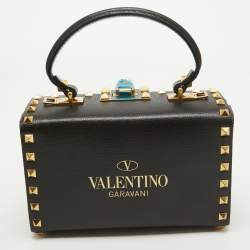 Pre Owned Valentino Black Leather Rockstud Alcove Box Top Handle Bag