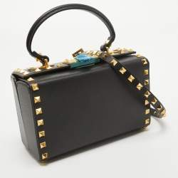 Pre Owned Valentino Black Leather Rockstud Alcove Box Top Handle Bag