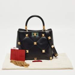 Pre Owned Valentino Black Quilted Leather Medium Roman Stud Top Handle Bag