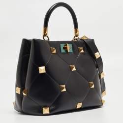 Pre Owned Valentino Black Quilted Leather Medium Roman Stud Top Handle Bag